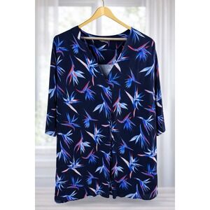 Ulla Popken‎ Tunic Top Plus Size 24 / 26  Blue Print Flowy Boho 3/4 Sleeves